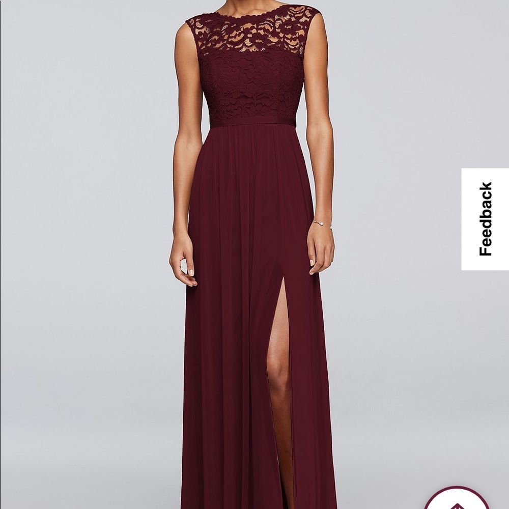 F19328 David’s bridal bridesmaid dress lace bodice wine 4
